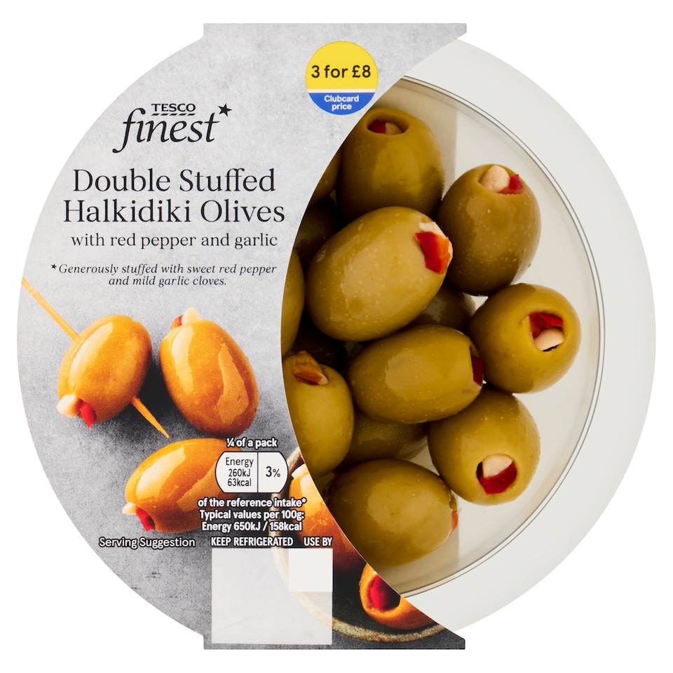 image 1 of Tesco Finest Double Stuffed Halkidiki Olives Red Pepper 160G