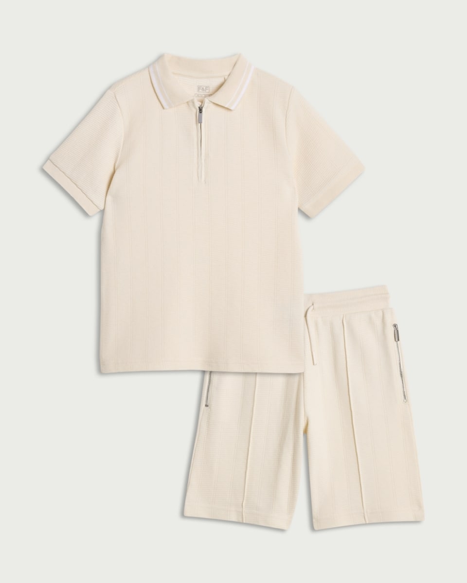 image 1 of F&F Boys 2-Piece Cotton Rich Textured Polo Shirt and Shorts Set in Cream
