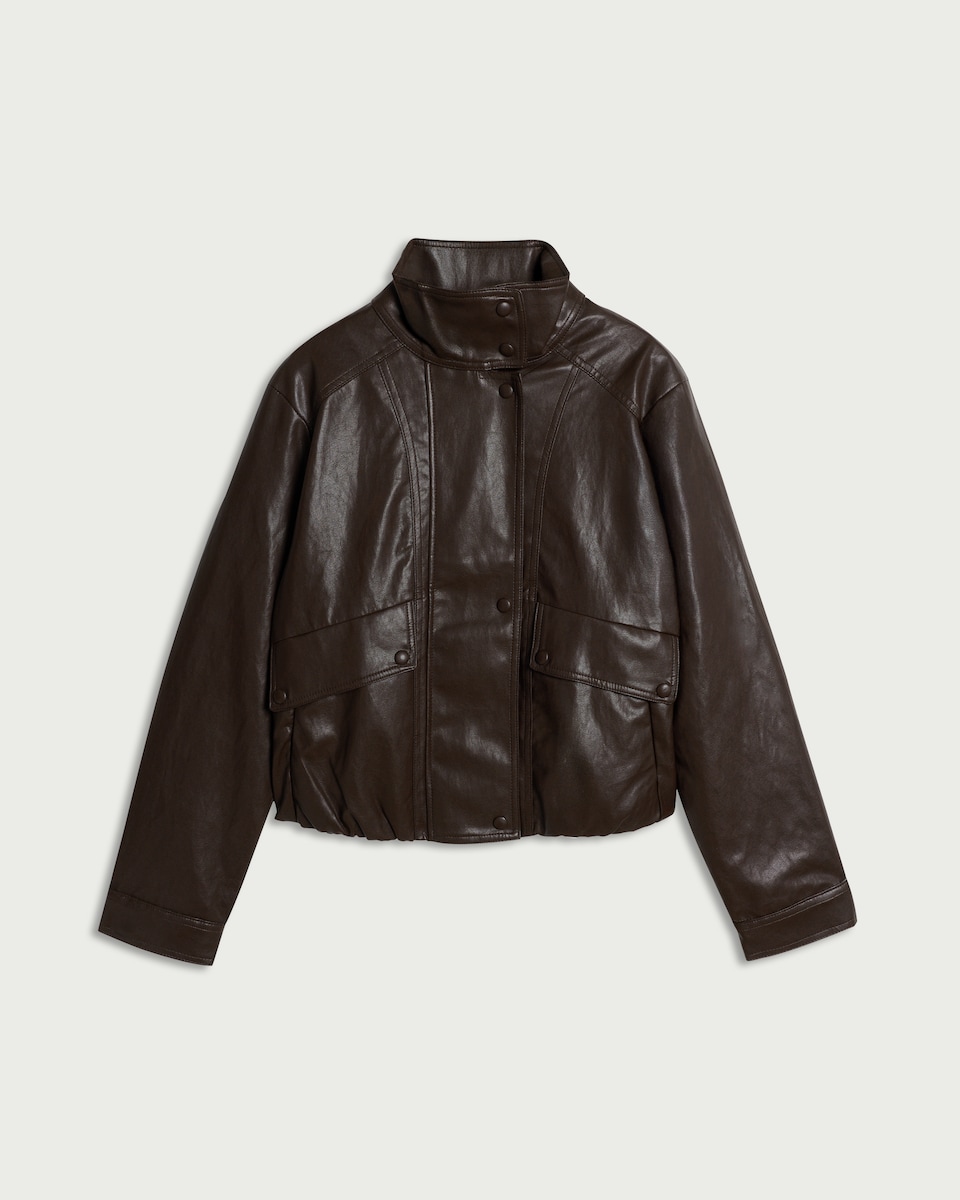 image 1 of F&F Faux Leather Bubble Hem Jacket in Brown