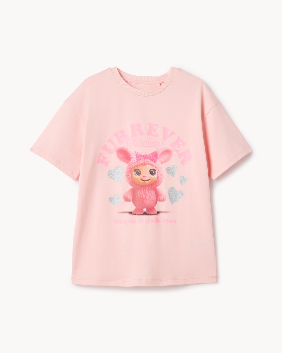image 1 of F&F Girls Pure Cotton Monster T-Shirt in Pink
