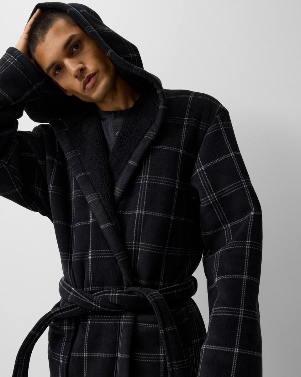 image 1 of F&F Fleece Bonded Checked Hooded Dressing Gown in Multi Black White