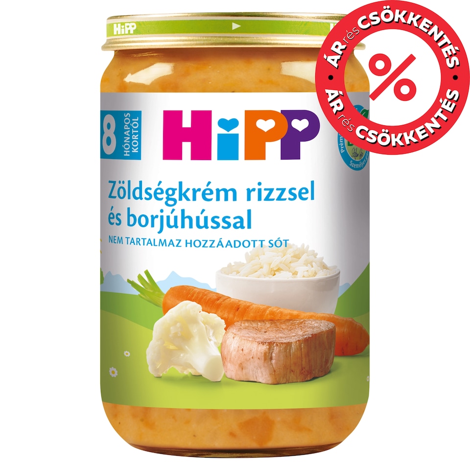 HiPP bio zöldségkrém rizzsel és borjúhússal bébiétel 8 hónapos kortól 220 g