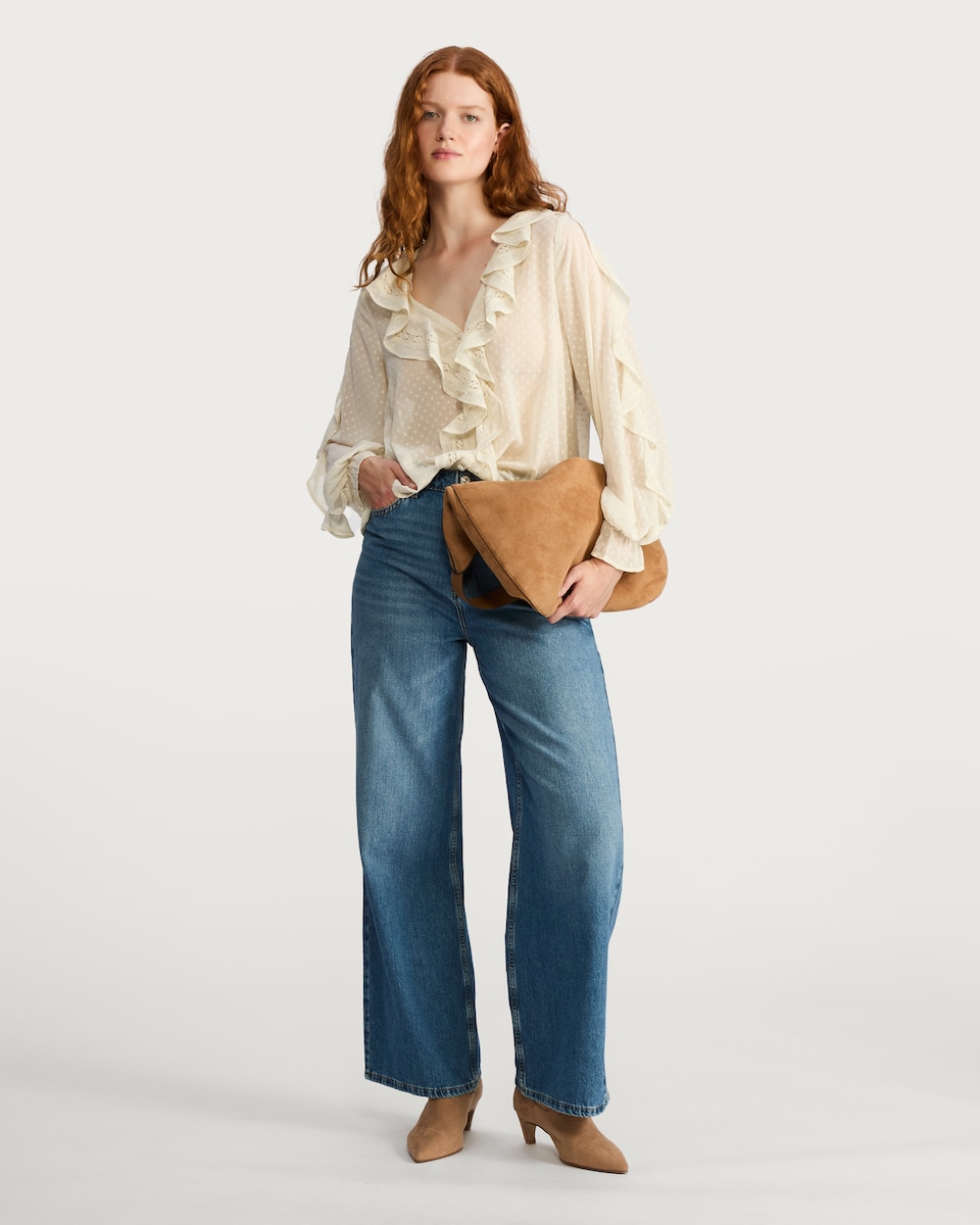 image 1 of F&F Woven Dobby Textured Ruffle Detail Blouse in Cream