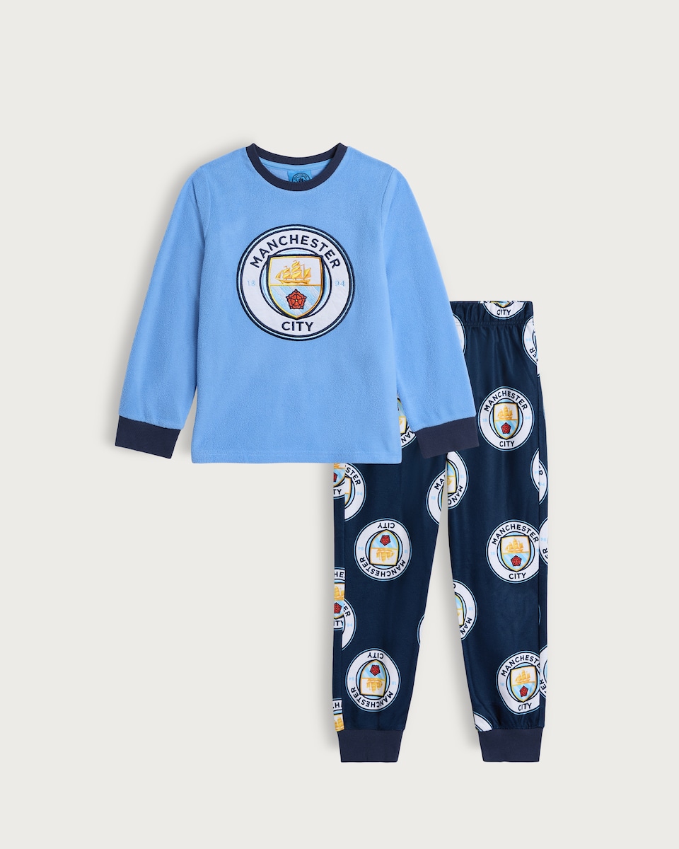 image 1 of Manchester City Football Club Print Minky Fleece Pyjamas in Blue