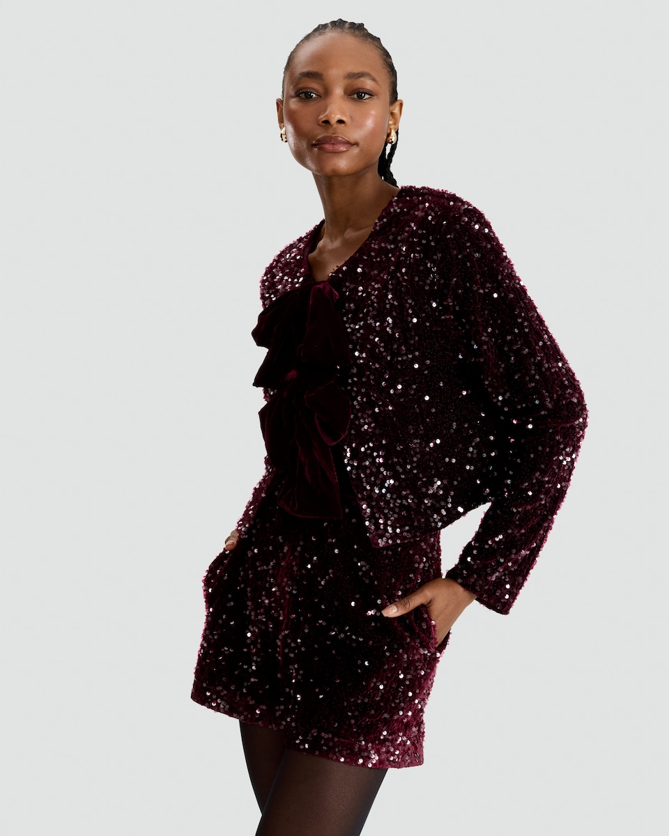 image 1 of F&F  Sequin Embellished Shorts in Burgundy