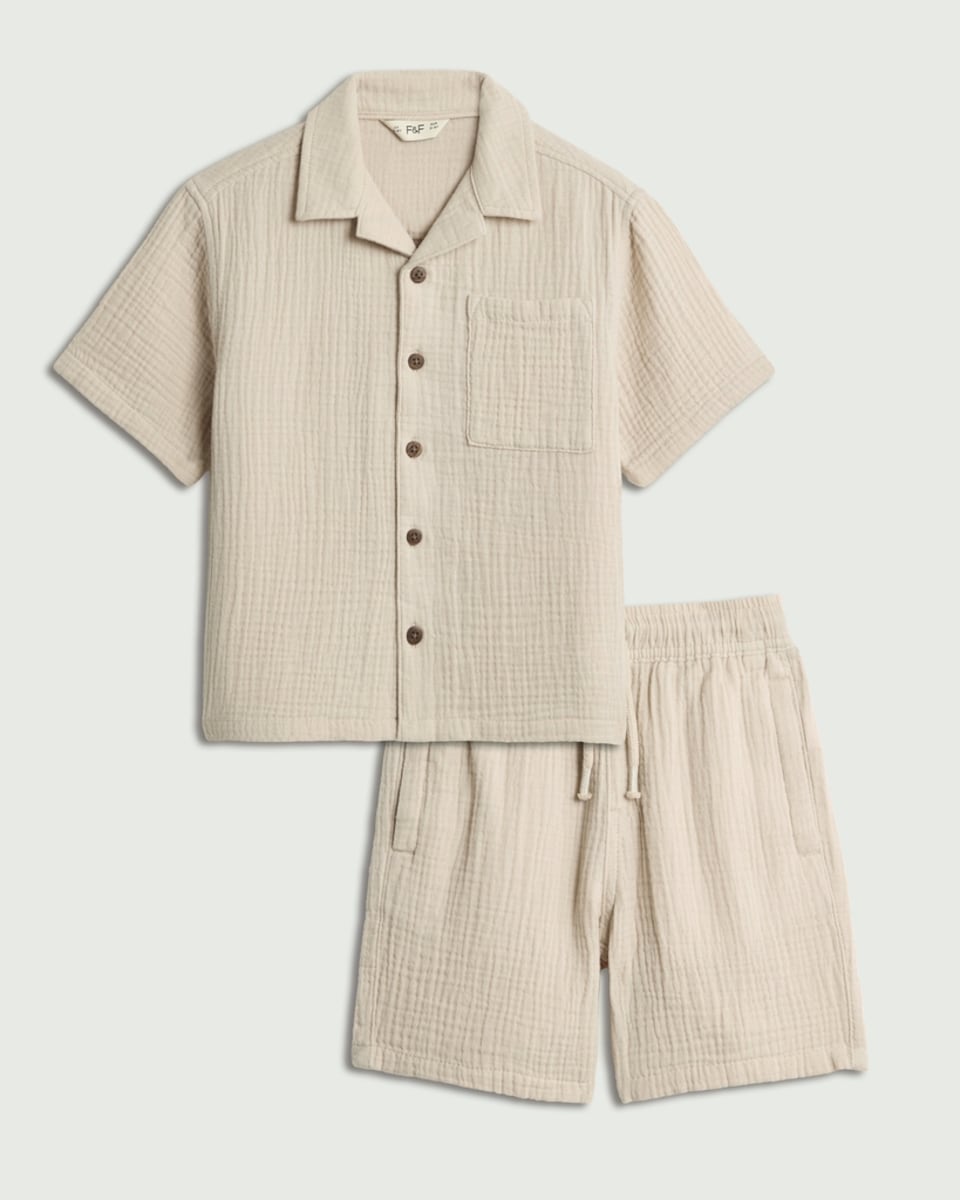 image 1 of F&F Boys 2-Piece Pure Cotton Textured Shirt and Shorts Set in Stone