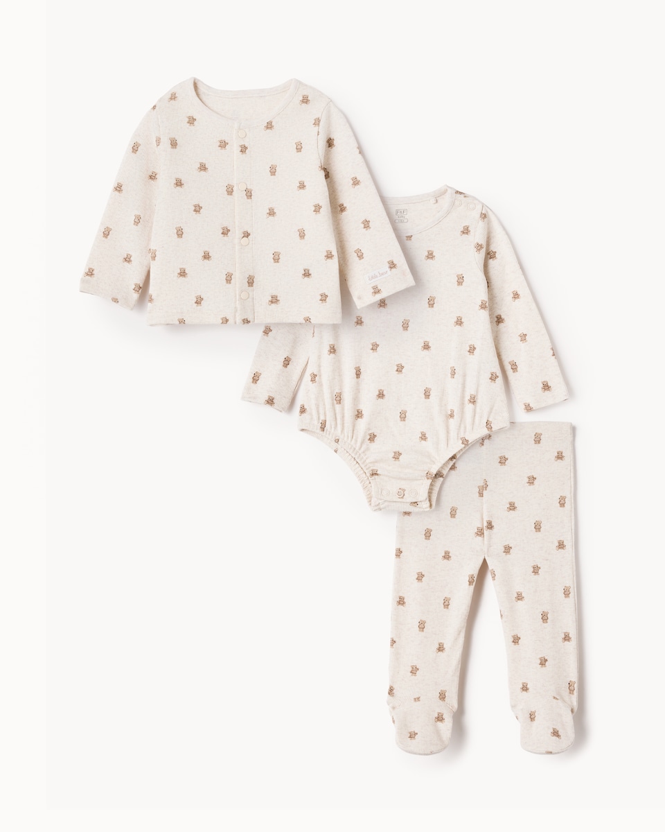 image 1 of F&F Baby 3-Piece Teddy Print Set in Neutral