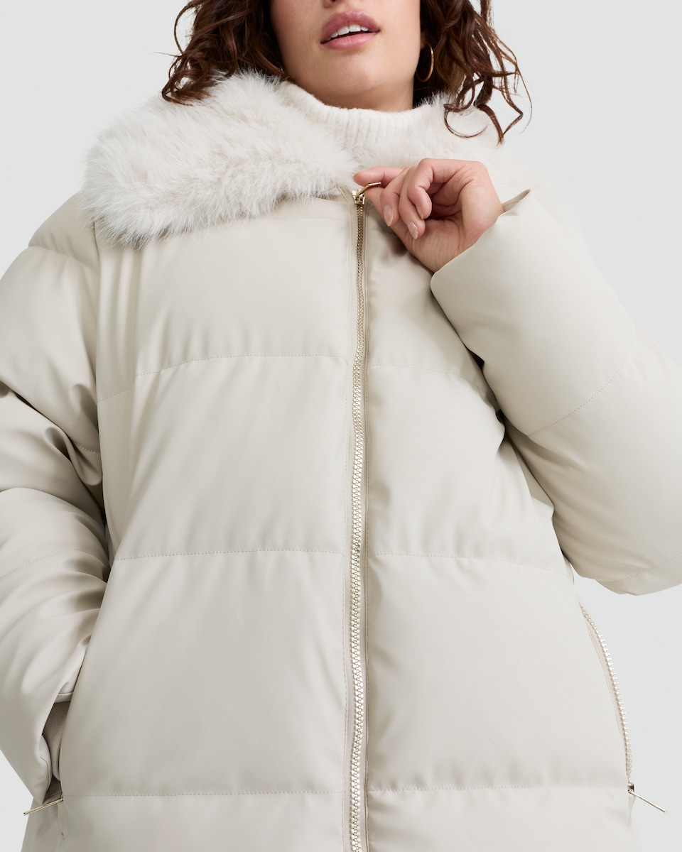 image 1 of F&F Faux Fur Collar Shower Resistant Puffer Jacket in Cream