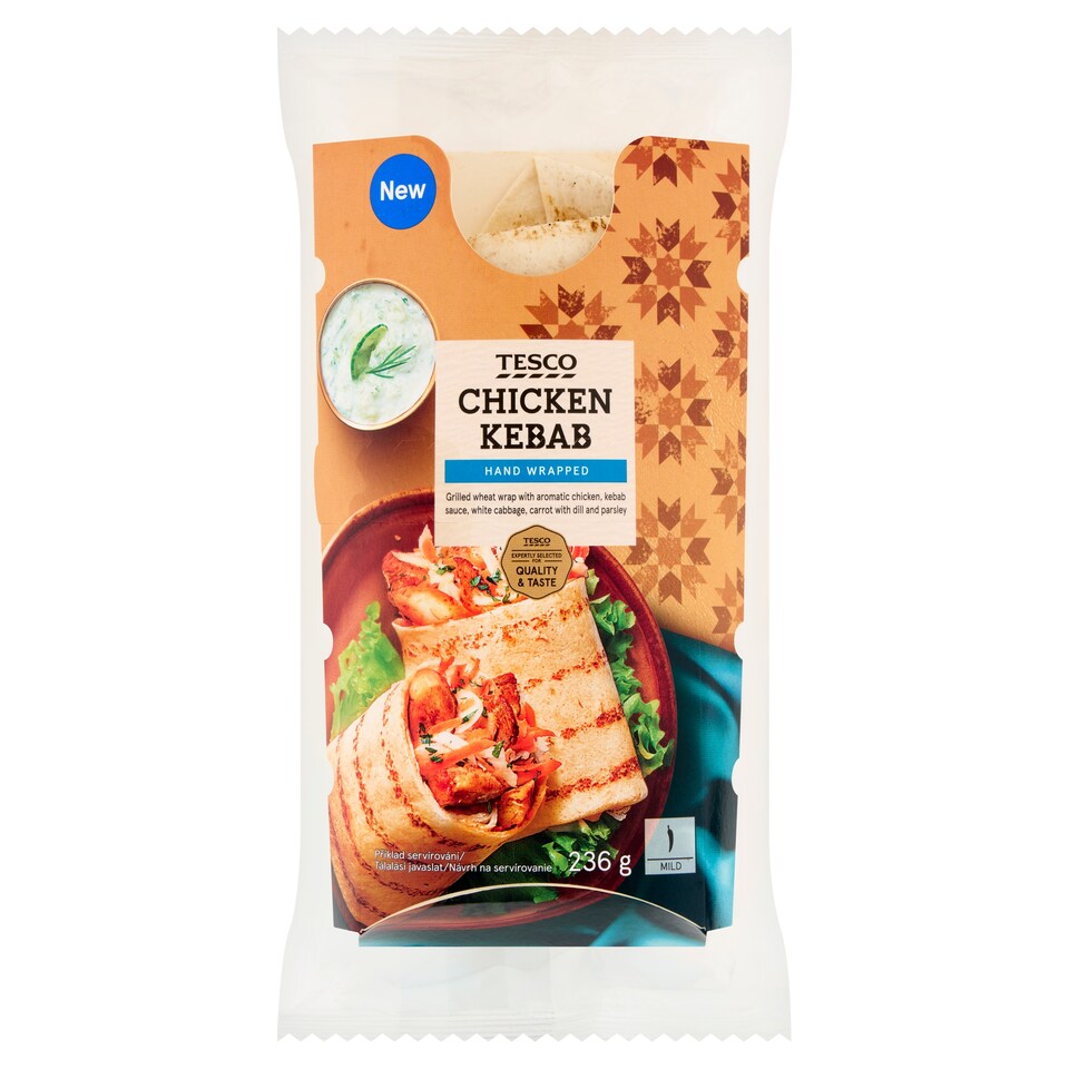 Tesco búzatortilla sült csirke kebab hússal, fehérkáposzta-sárgarépa salátával és szósszal 236 g