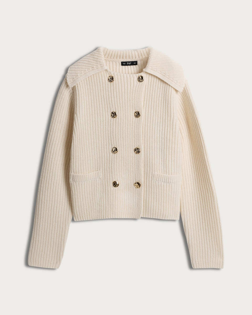 image 1 of F&F Ribbed Double Breasted Collared Cardigan in Cream