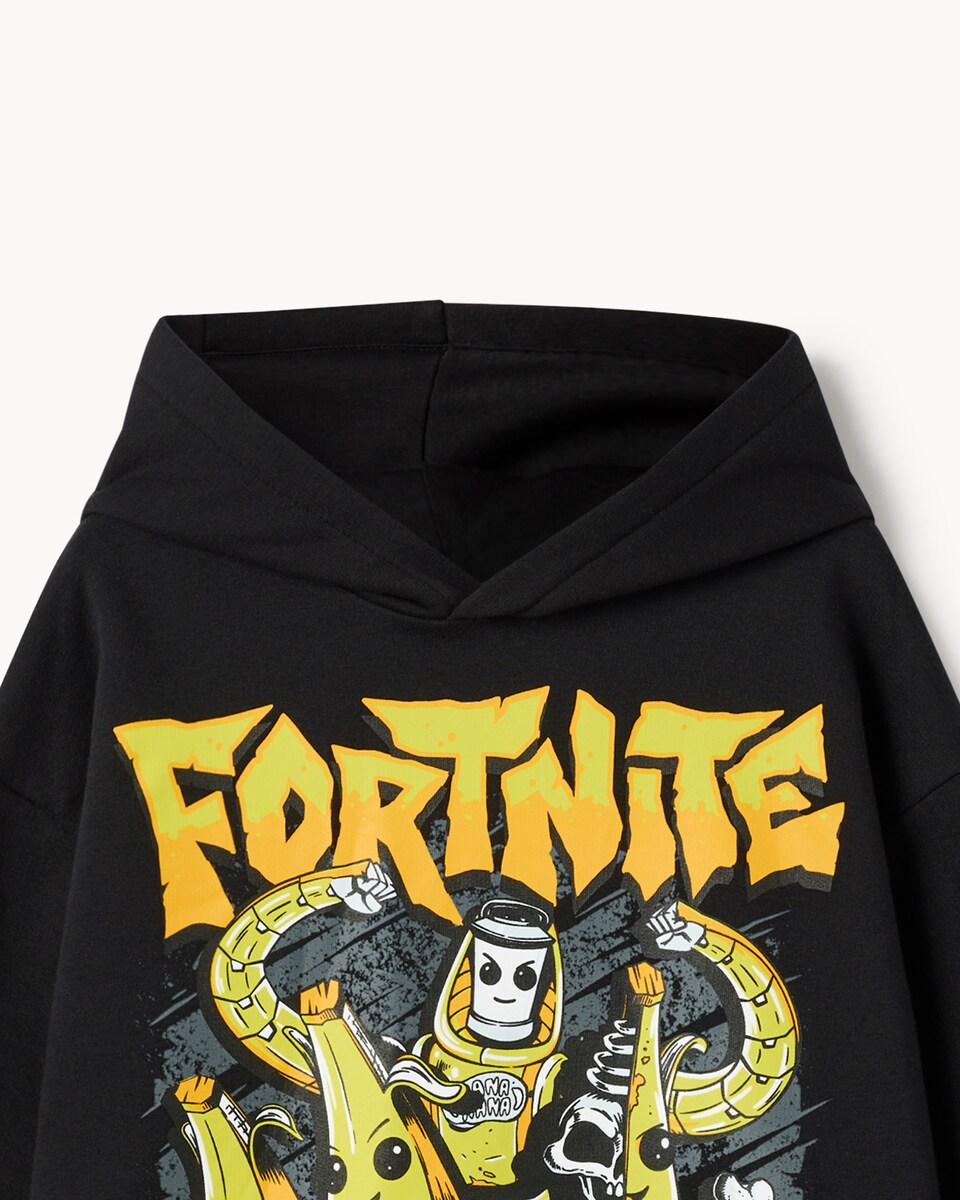 image 1 of Fortnite Cotton Rich Printed Hoodie in Black