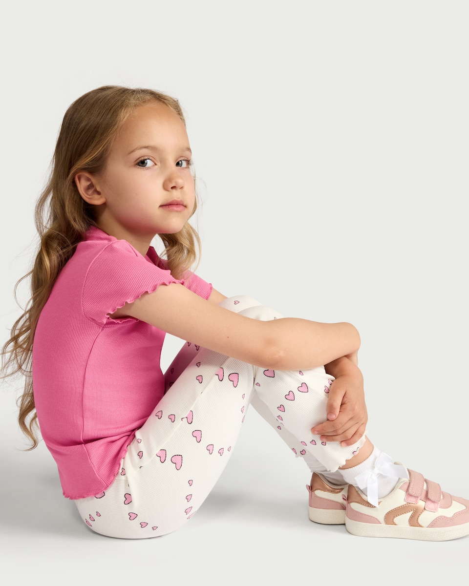 image 1 of F&F Girls 2-Pack Cotton Rich Heart Print Flared Leggings in Multi Pink