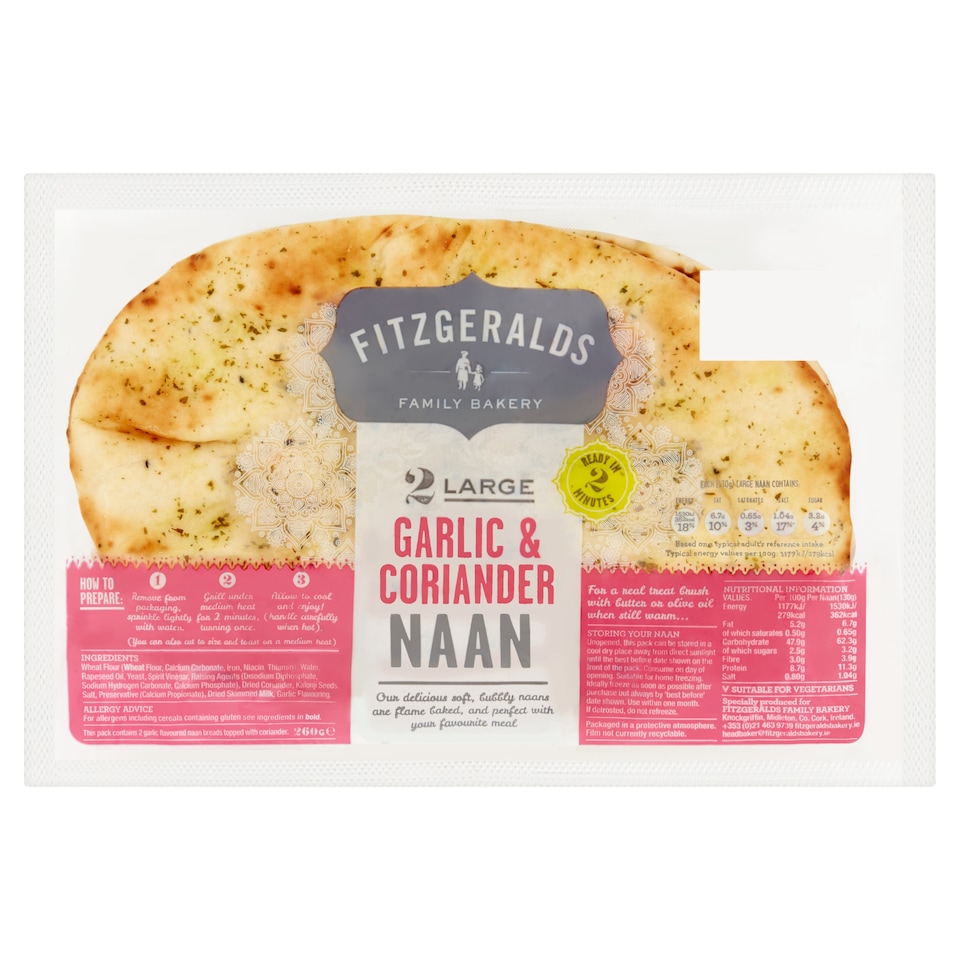 Fitzgeralds 2 Large Garlic And Coriander Naan 260G