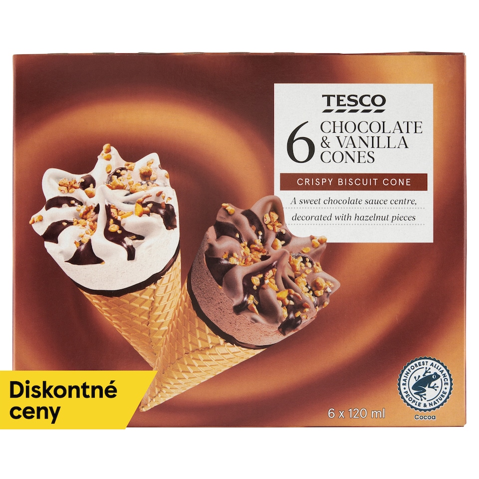 Tesco Mrazený krém vanilkový a čokoládový v oblátkovom kornúte 6 x 120 ml (720 ml)