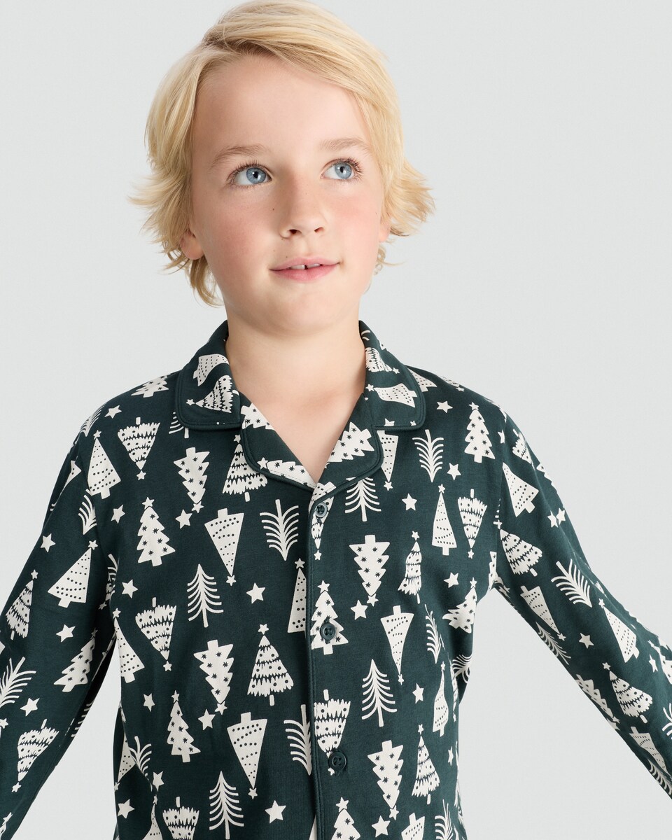 image 1 of F&F Unisex Christmas Tree Print Matching Family Christmas Button Through Pyjamas in Multi