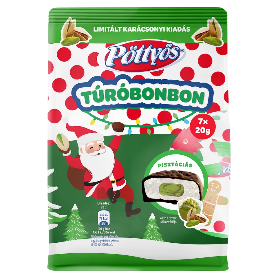 Pöttyös Cottage Cheese Bonbon Dessert with Cocoa Coating and Pistachio Filling 7 x 20