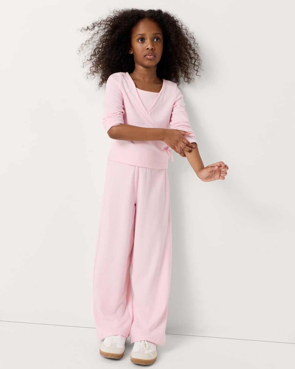 image 1 of F&F Active Girls Ribbed Wrap Top and Trousers Set in Pink