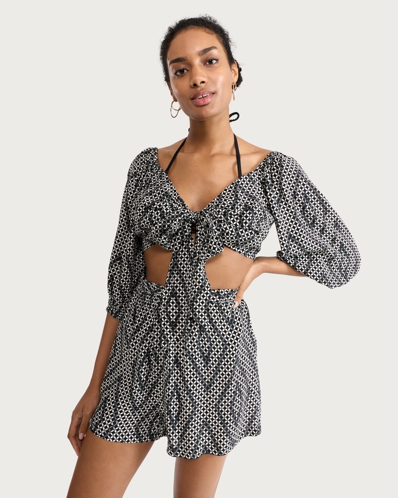 F&F Mono Print Tie Front Co-ord Beach Blouse in Multi Black White
