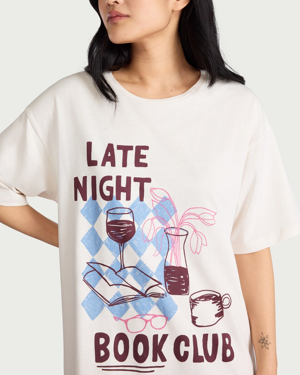 image 1 of F&F Pure Cotton Book Club Pyjama T-Shirt in Cream