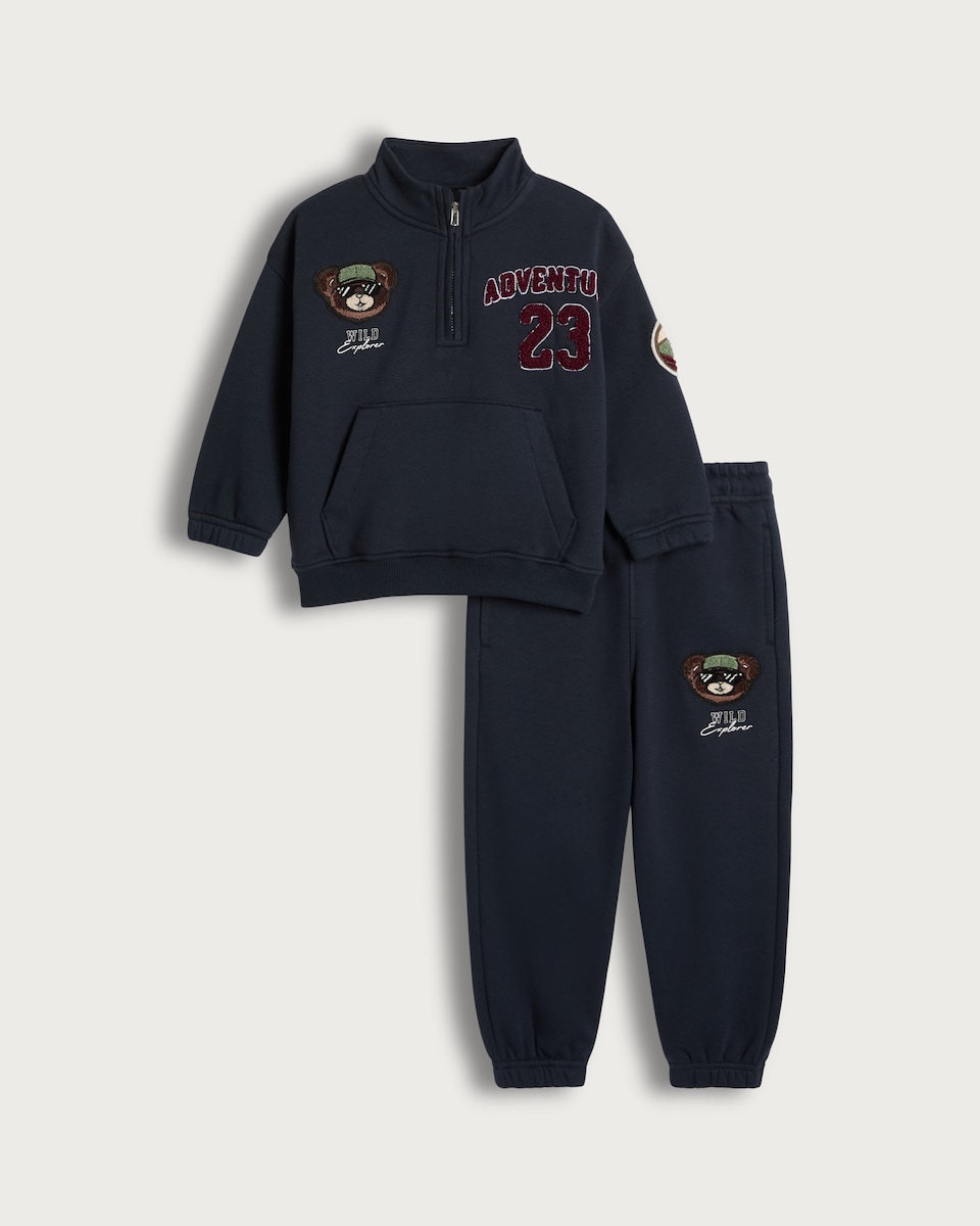 image 1 of F&F Boys 2-Piece Cotton Rich Adventure 23 Wild Explorer Sweatshirt and Joggers Set in Navy