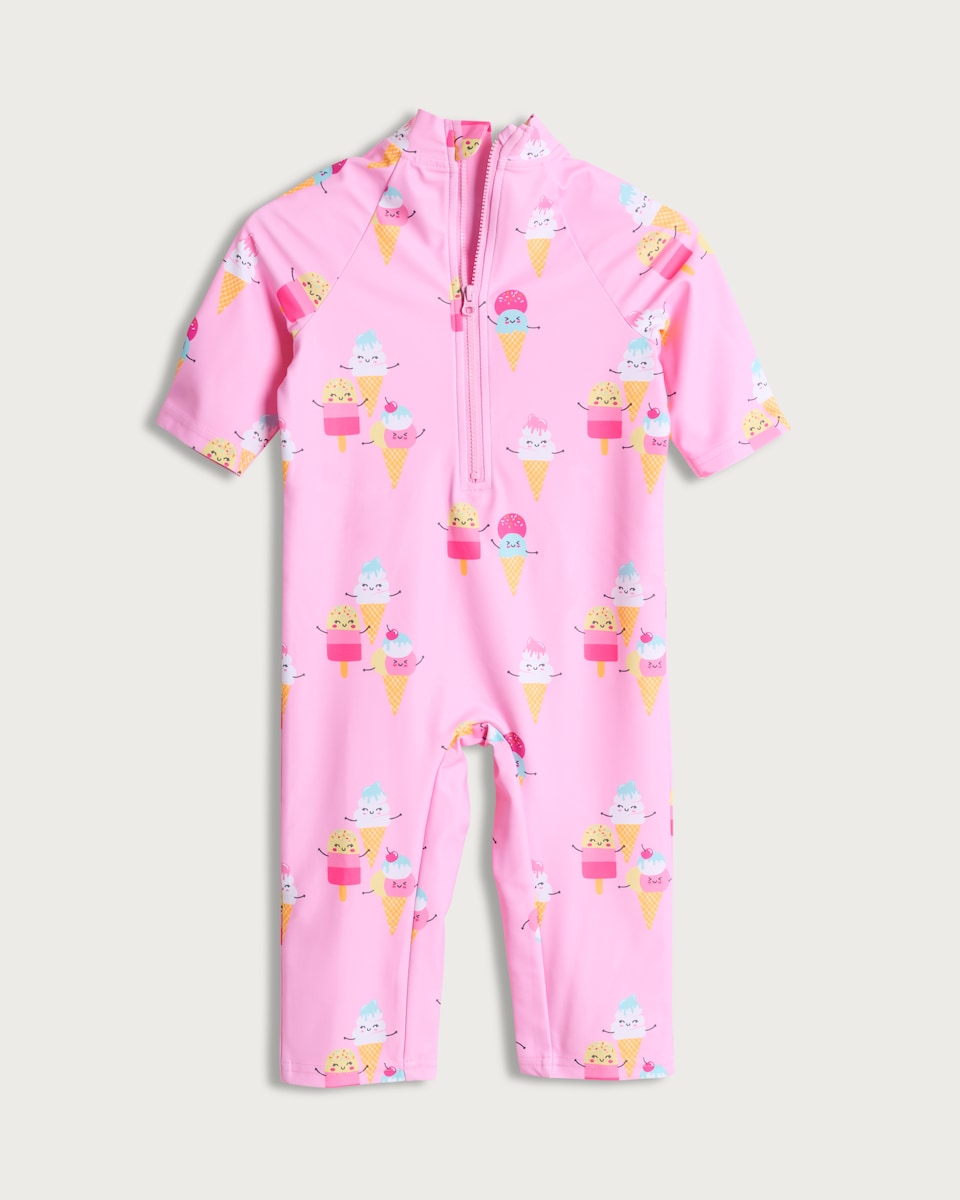 image 1 of F&F Girls Ice Cream Print Sunsafe Swimsuit in Pink