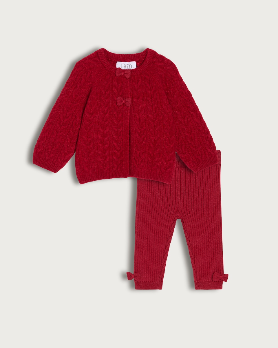 image 1 of F&F Baby 2-Piece Cable Knit Cardigan and Leggings Set in Red