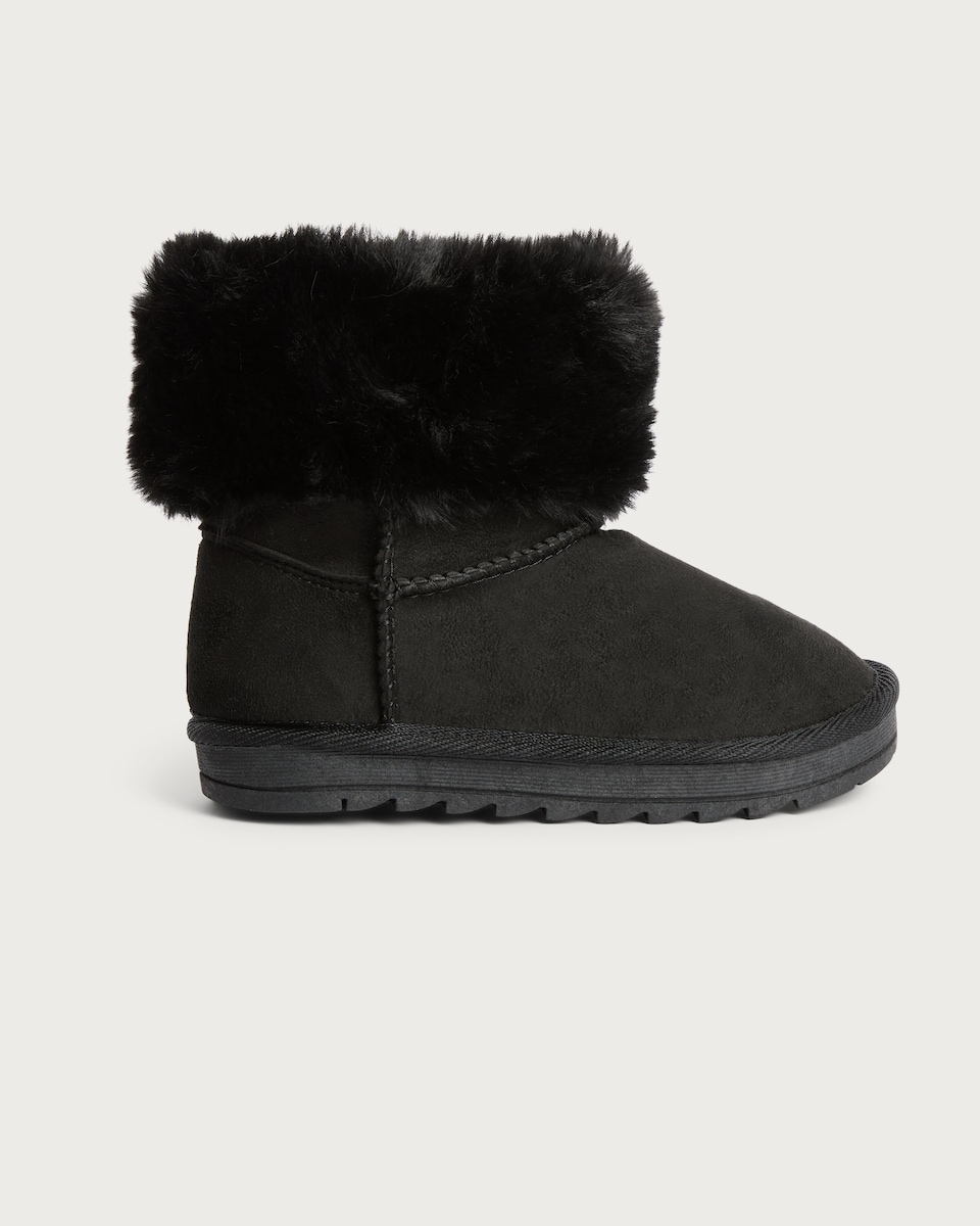 image 1 of F&F Girls Faux Fur Trim Boot Slippers in Black