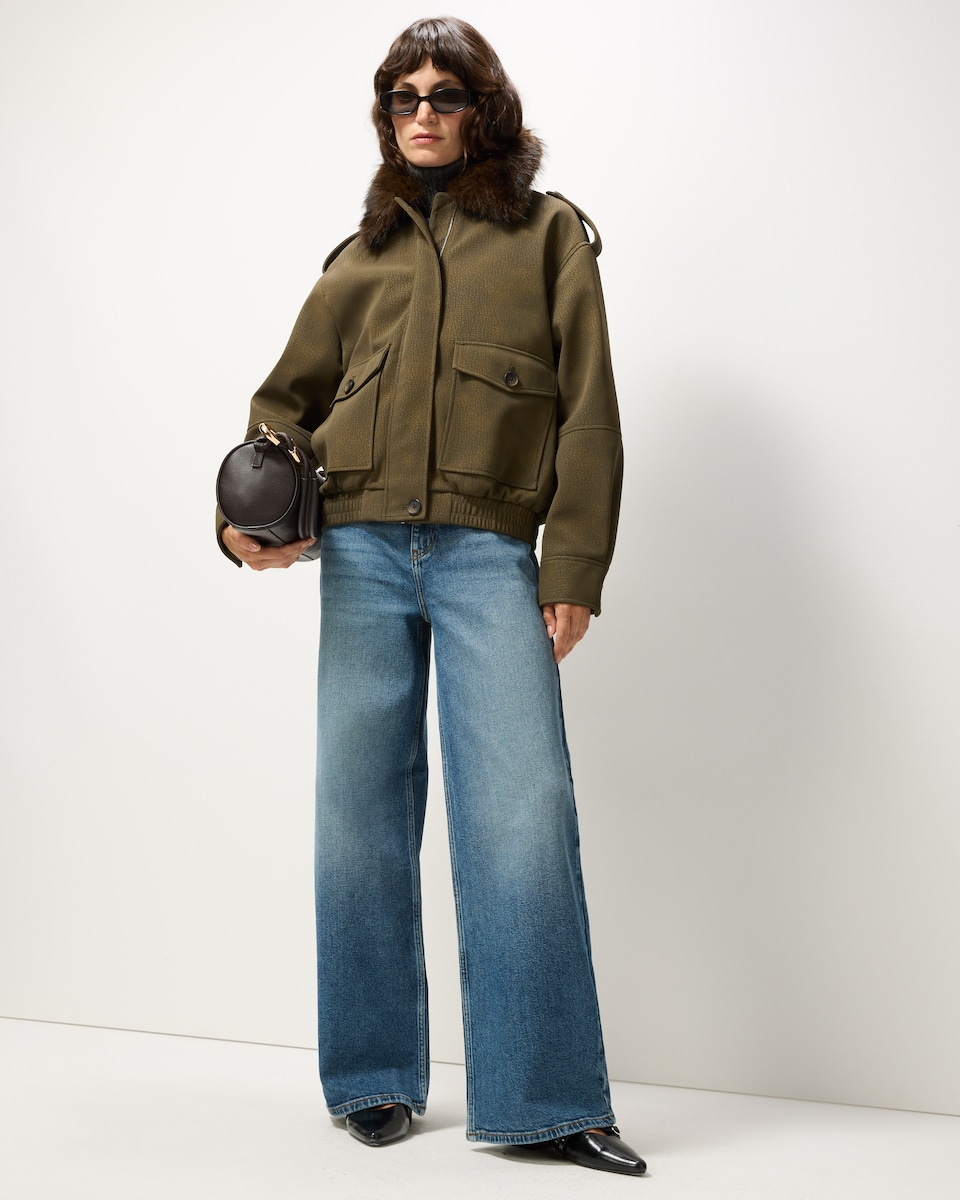 image 1 of F&F Faux Fur Collared Jacket in Khaki
