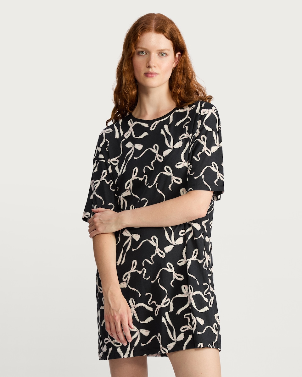 image 1 of F&F Pure Cotton Bow Print Short Sleeved Nightdress in Black