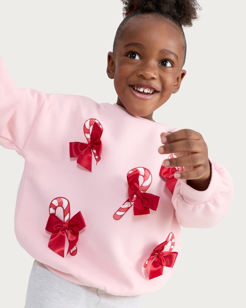 image 1 of F&F Girls Cotton Rich Candy Cane Bow Sweatshirt in Pink