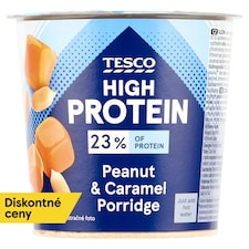 Tesco High Protein instantná arašidová ovsená kaša s kúskami arašidov a karamelovými kúskami 65 g