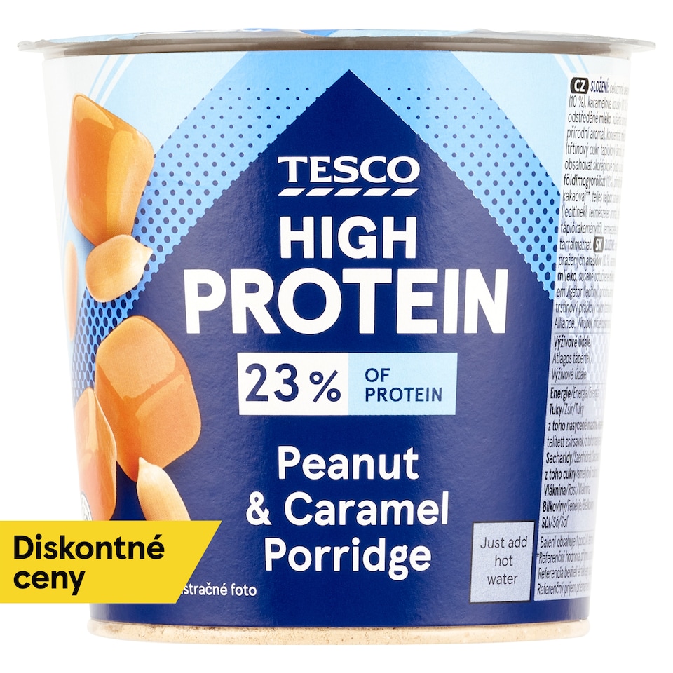 Tesco High Protein instantná arašidová ovsená kaša s kúskami arašidov a karamelovými kúskami 65 g