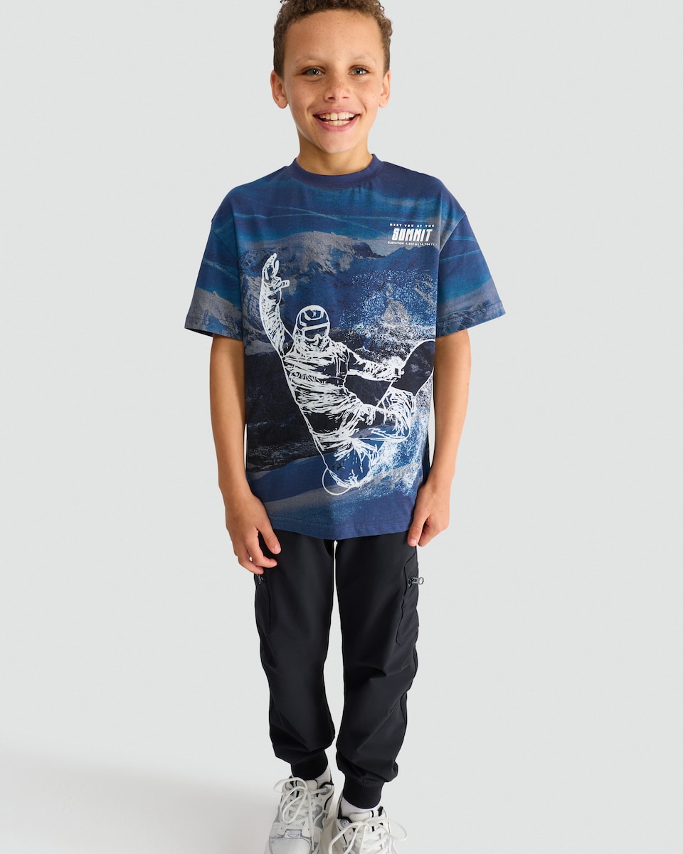 image 1 of F&F Active Pure Cotton Snowboarder Summit T-Shirt in Navy