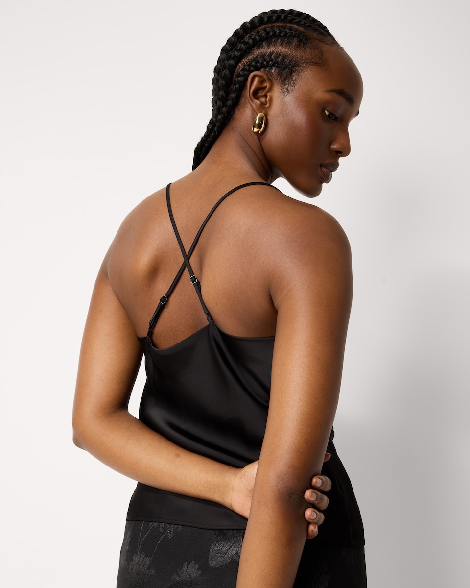 image 1 of F&F Satin Cowl Neck Cami Top in Black