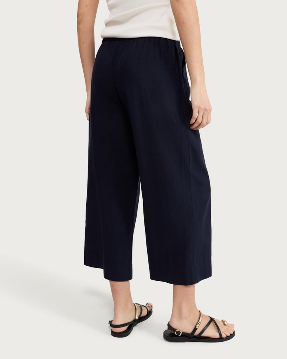 image 1 of F&F Linen Rich Wide Leg Cropped Drawstring Trousers in Navy