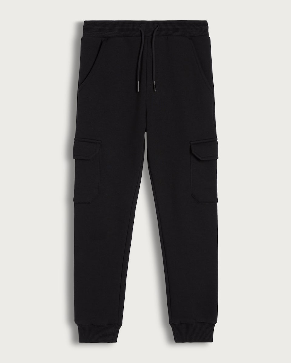 image 1 of F&F Boys Cotton Rich Cuffed Drawstring Cargo Joggers in Black