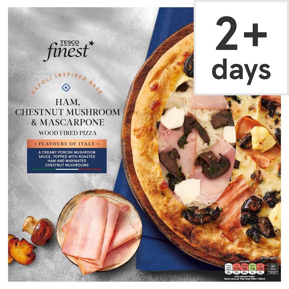 Tesco Finest Italian Ham, Chestnut Mushroom and Mascarpone Wood Fired Pizza 450g