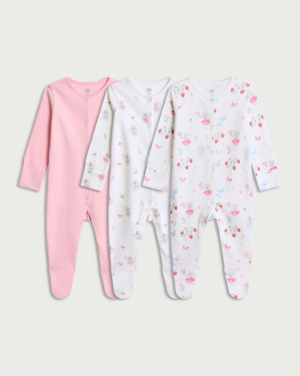 image 1 of F&F Baby 3-Pack Pure Cotton Fairy Print Long Sleeved Sleepsuits in Pink