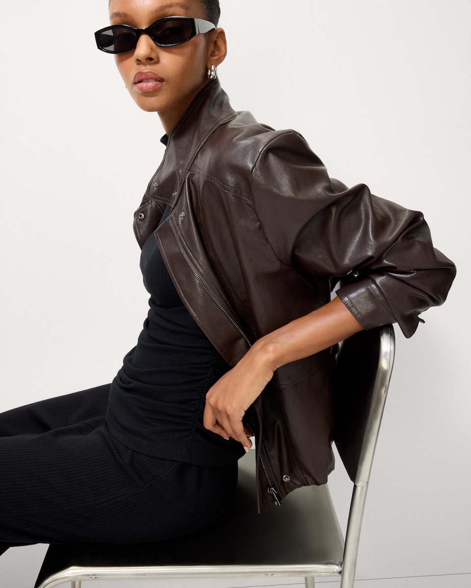 image 1 of F&F Cotton Blend Ribbed Ruched Side Top in Black