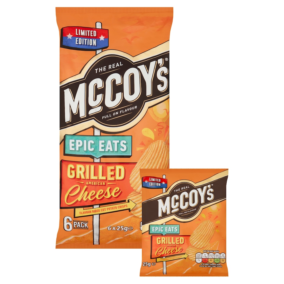 image 1 of McCoy's Epic Eats Grilled American Cheese Flavour Ridge Cut Potato Crisps 6 x 25g