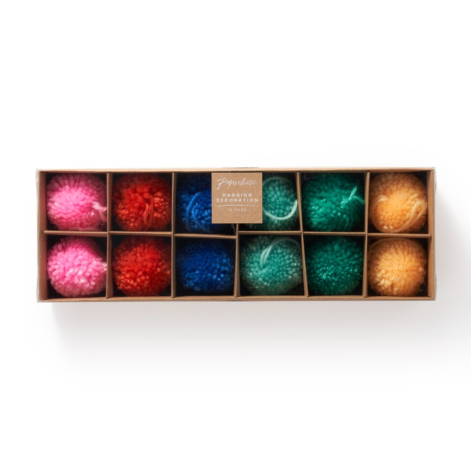 image 1 of Paperchase Cosmic Christmas Set of 12 Pom Pom Hanging Decorations