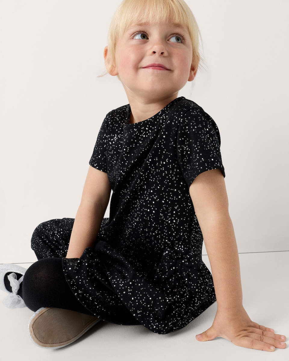 image 1 of F&F Girls Glitter Tiered Dress in Black
