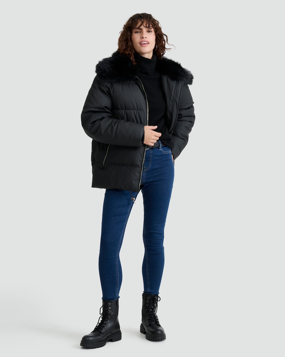 image 1 of F&F Faux Fur Collar Shower Resistant Puffer Jacket in Black