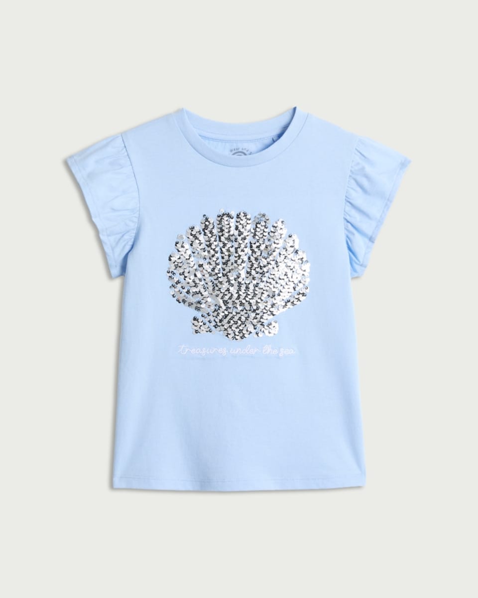 image 1 of F&F Girls Pure Cotton Sequin Shell T-Shirt in Blue