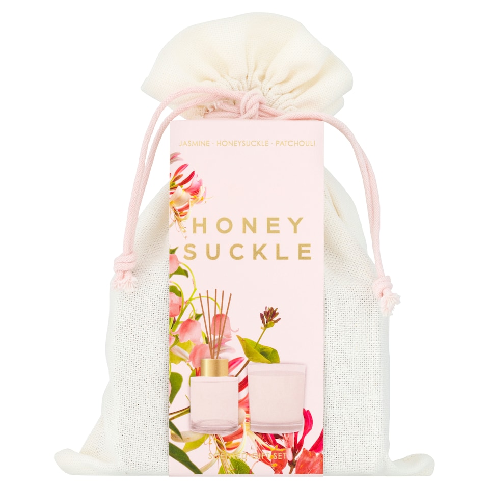 F&F Home Floral Bouquet Honeysuckle Drawstring Gift Set - 1 x 60g votive 1 x 40ml diffuser
