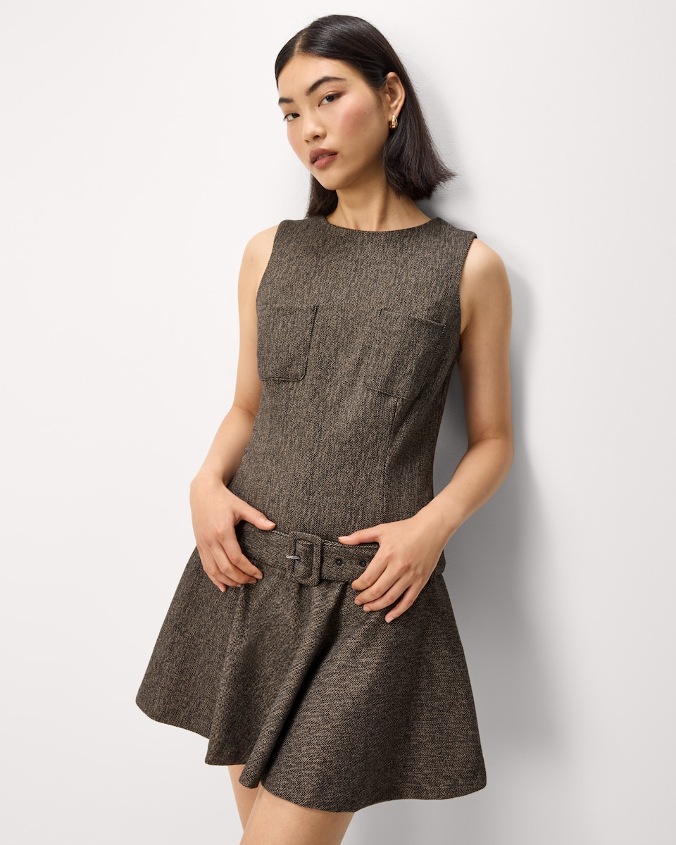 image 1 of F&F Herringbone Drop Waist Belted Mini Dress in Mink