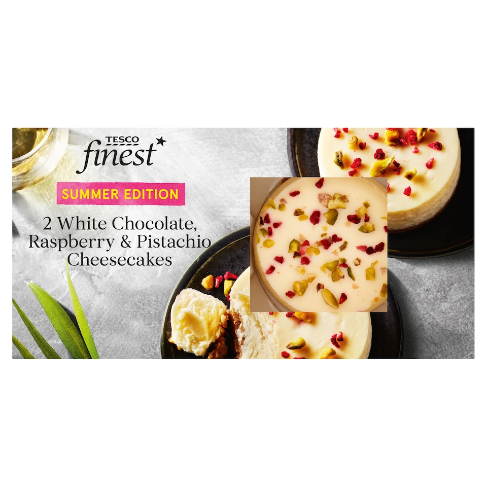 Tesco Finest White Chocolate Raspberry & Pistachio Cheesecakes 2 Pack 150g
