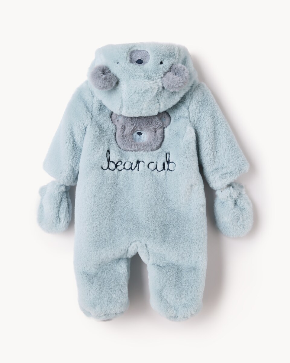 image 1 of F&F Baby Faux Fur Bear Cub Pramsuit in Blue