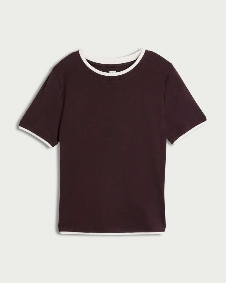 image 1 of F&F Pure Cotton Double Layer Cropped T-Shirt in Brown