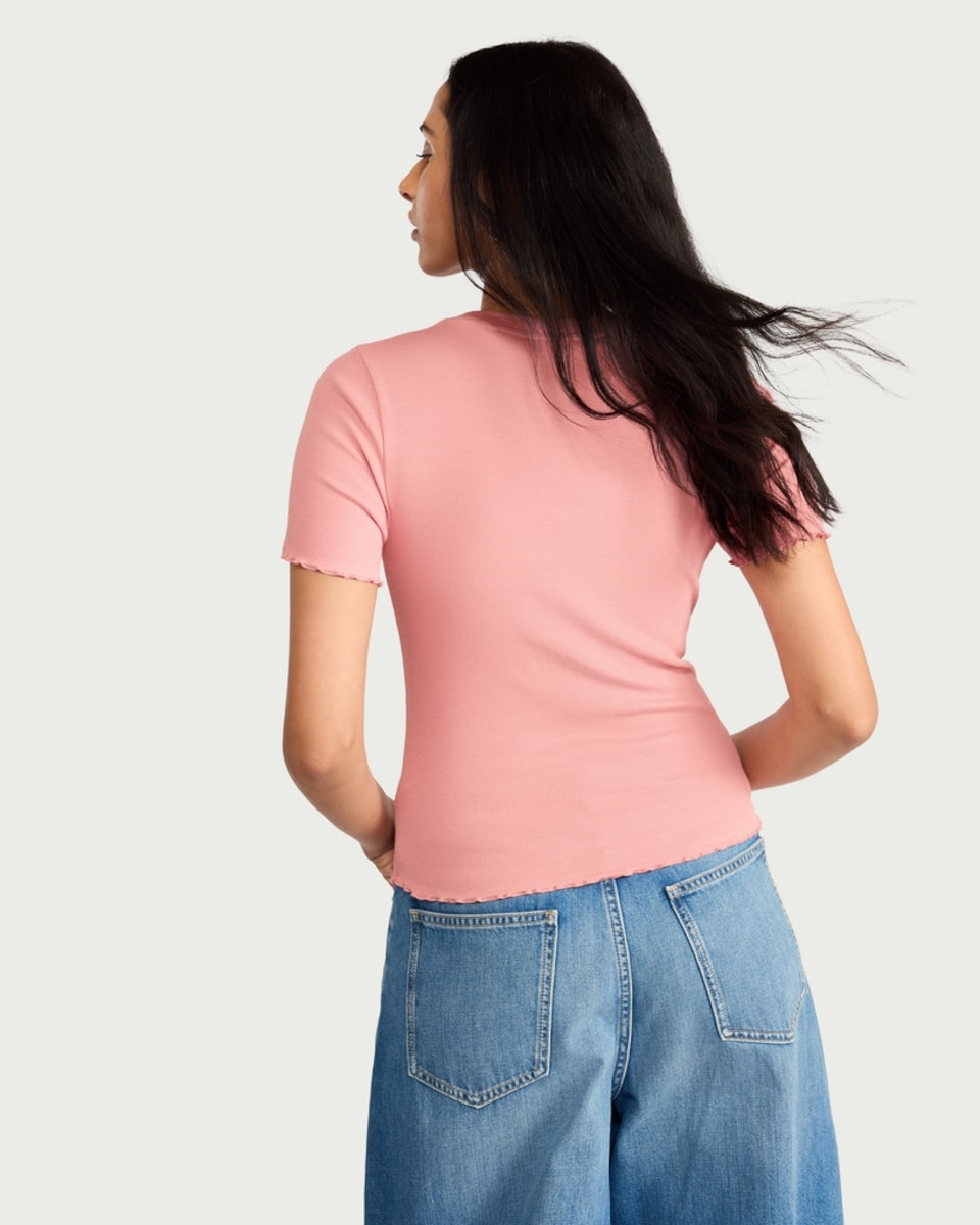 image 1 of F&F Cotton Rich Lettuce Hem T-Shirt in Pink